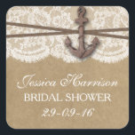 Sticker Carré Fête des mariées de plage d'Ancres nautiques rusti<br><div class="desc">Ces autocollants de douche nuptiale de plage d'ancre nautique rustique seront l'accessoire parfait pour toute future mariée! Le design est composé d'un arrière - plan rustique à effet kraft avec une finition vintage romantique à effet de dentelle blanche, finie par une étonnante ancre nautique et une ficelle. Ces autocollants peuvent...</div>