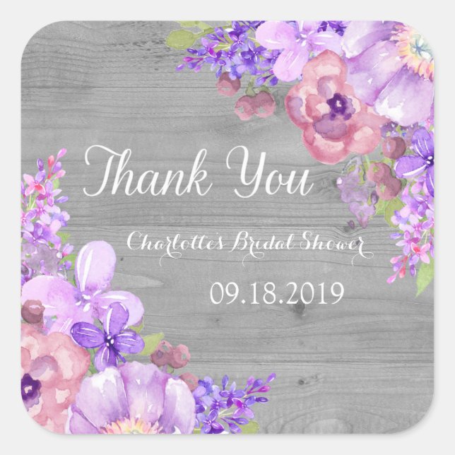 Sticker Carré Fête des mariées florale violet en bois rustique F (Devant)