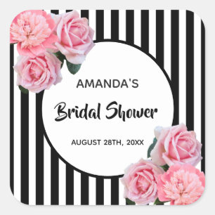 Sticker Carré Fête des mariées noir blanc rayures rose fleurs