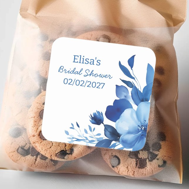 Sticker Carré Fête des mariées personnalisée Blue Blooms Waterco (Blue Blooms Watercolor Custom Bridal Shower Square Sticker
)