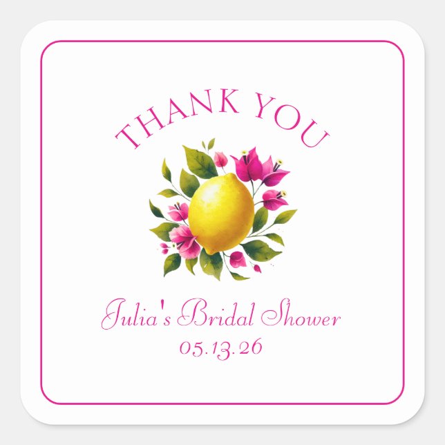 Sticker Carré Fête des mariées personnalisée Citron rose Merci F (Devant)