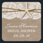 Sticker Carré Fête des mariées Rustique Starfish Beach<br><div class="desc">Ces autocollants rustiques de douche nuptiale de plage d'étoiles de mer seront l'accessoire parfait pour toute future mariée! Le design comprend un bel arrière - plan rustique effet burlap avec un ensemble d'effet de dentelle vintage romantique fini avec une étonnante étoile de mer et une ficelle. Ces autocollants peuvent être...</div>