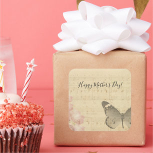 Sticker Carré Fête des Mères Vieux Partition Musique Score Rose 