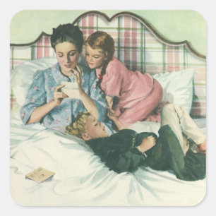 Sticker Carré Fête des mères vintage, enfants lisant des cartes