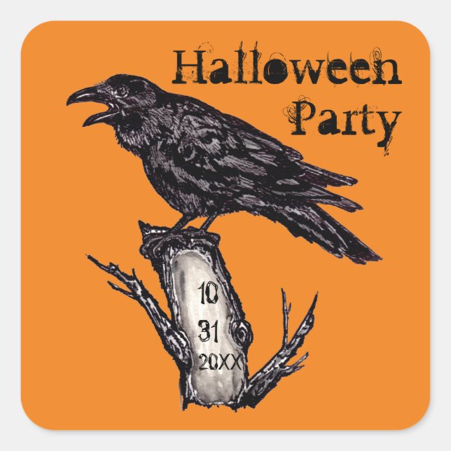 Sticker Carré Fête d'Halloween Date Orange Gothique Corbeau corb (Devant)