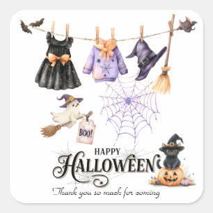 Sticker Carré Fête d'Halloween Fantaisiste Sorcière Mignonne et 