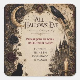 Sticker Carré Fête d'Halloween pour adultes Corbeau, Clé Antique