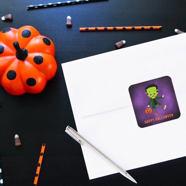 Sticker Carré Fête d'Halloween pour enfants Frankenstein (Créateur téléchargé)