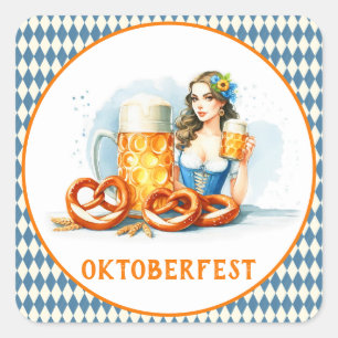 Sticker Carré Fête d'Oktoberfest avec bière et bretzels ai