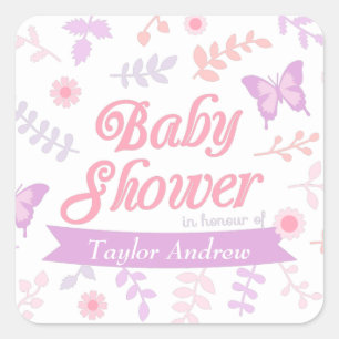 Sticker Carré Fête élégante de Baby Shower Papillon Floral