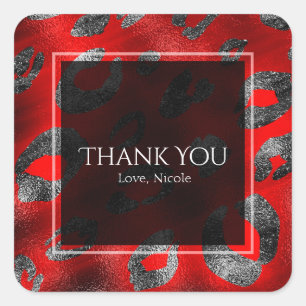 Sticker Carré Fête Empreinte de léopard Rouge & Argent Favoriser