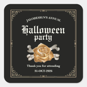 Sticker Carré Fête Halloween Rose Dorée Noire Élégante Vintage