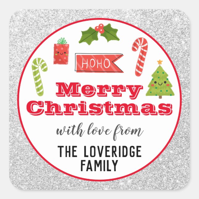 Sticker Carré Fête Joyeux Noël Rouge Parties scintillant argent (Devant)