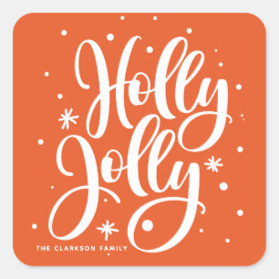 Sticker Carré Fête Orange Holly Jolly Hand Lettré à la main