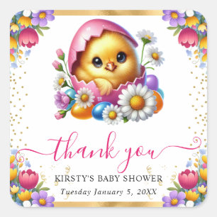 Sticker Carré Fête Prénatale Bébé Fleurs de Printemps Poussin de