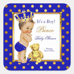 Sticker Carré Fête prénatale Prince Bébé Garçon Bleu Royal Or Br