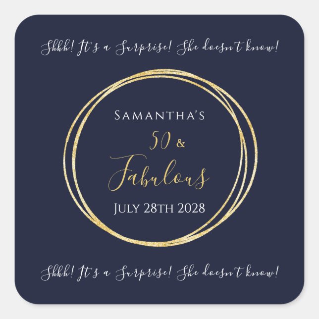 Sticker Carré Fête surprise des 50 ans Navy Gold (Devant)