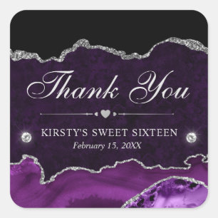 Sticker Carré Fête Sweet Sixteen Marbre Paillettes Violet et Arg