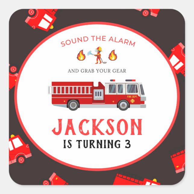 Sticker Carré Feu camion Anniversaire (Devant)