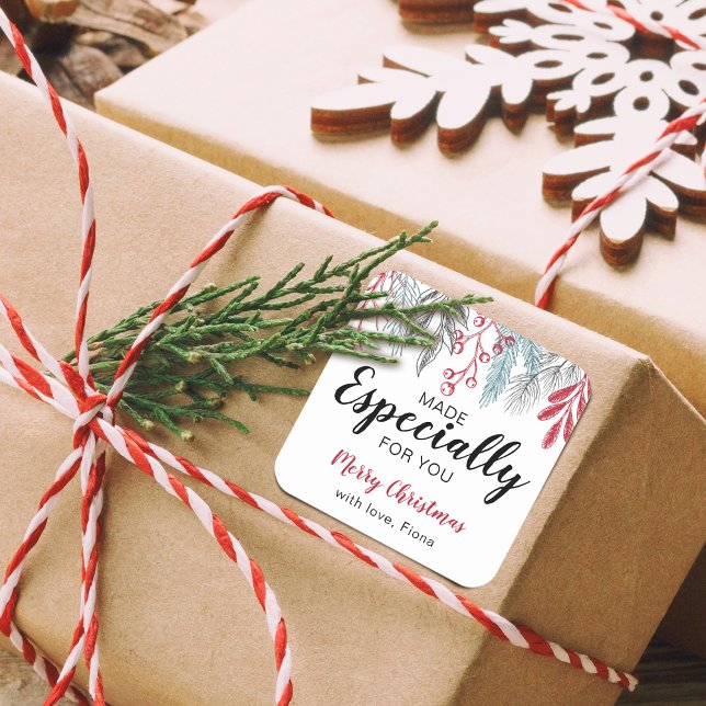 Sticker Carré Feuillage de Noël Réalisé Spécialement Pour Vous S (Christmas Greenery Made Especially For You Script Square Sticker)