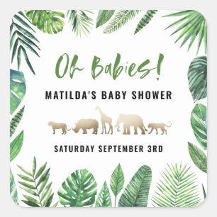 Sticker Carré Feuillage tropical + animaux d'or baby shower