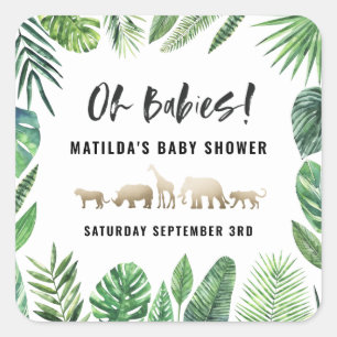 Sticker Carré Feuillage tropical + animaux d'or baby shower