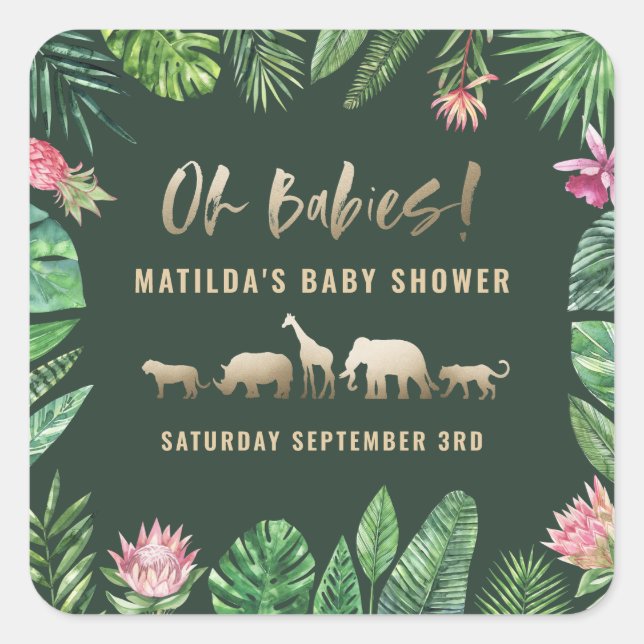 Sticker Carré Feuillage tropical + animaux d'or baby shower (Devant)