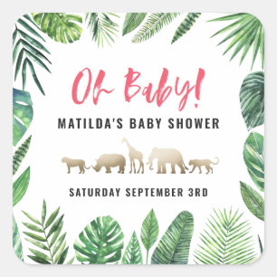 Sticker Carré Feuillage tropical + animaux d'or baby shower