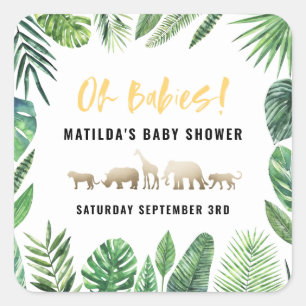 Sticker Carré Feuillage tropical + animaux d'or baby shower