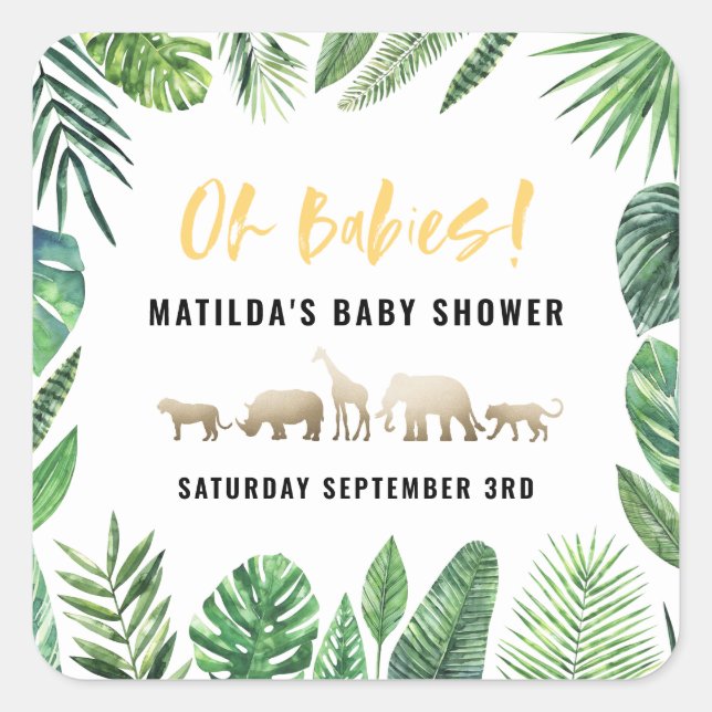 Sticker Carré Feuillage tropical + animaux d'or baby shower (Devant)