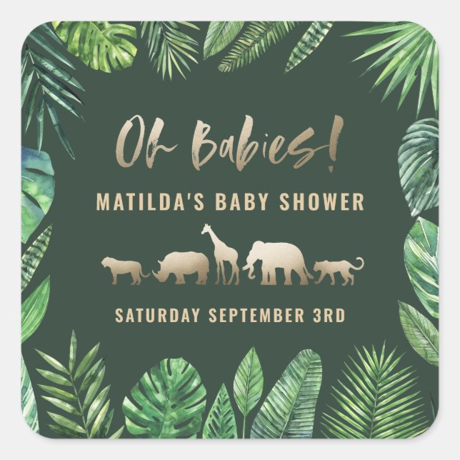 Sticker Carré Feuillage tropical + animaux d'or baby shower (Devant)