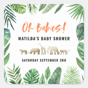 Sticker Carré Feuillage tropical + animaux d'or baby shower