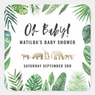 Sticker Carré Feuillage tropical + animaux d'or baby shower