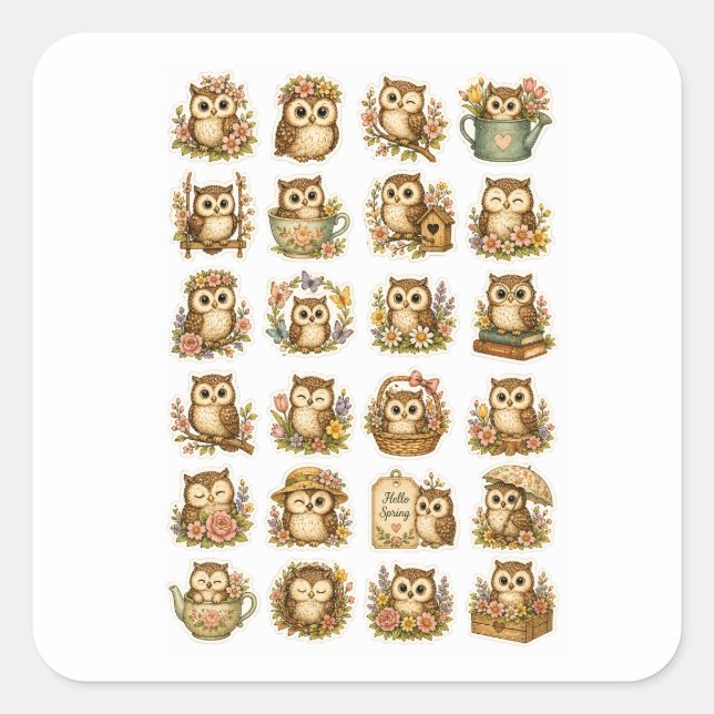 Sticker Carré Feuille d'autocollants de chouette kawaii mignonne (Devant)