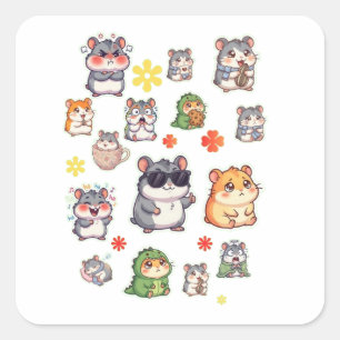 Sticker Carré Feuille d'autocollants de hamster Kawaii Mignon