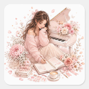 Sticker Carré Feuille d'autocollants floraux au piano rose doux