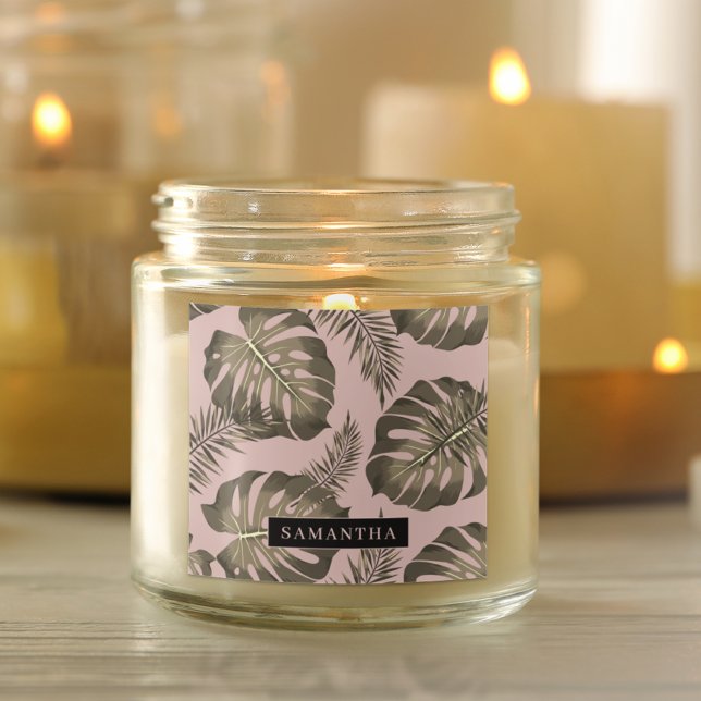 Sticker Carré Feuille Tropical Pink & Gold Palm Motif et nom (Créateur téléchargé)