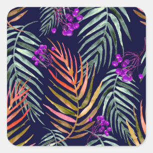 Sticker Carré Feuilles d'aquarelle tropicale, éclaboussure abstr