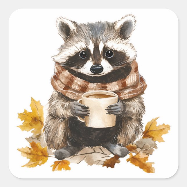 Sticker Carré Feuilles d'automne confortable raccoon avec tasse  (Devant)