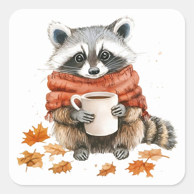 Sticker Carré Feuilles d'automne douillette automne raccoon avec (Devant)