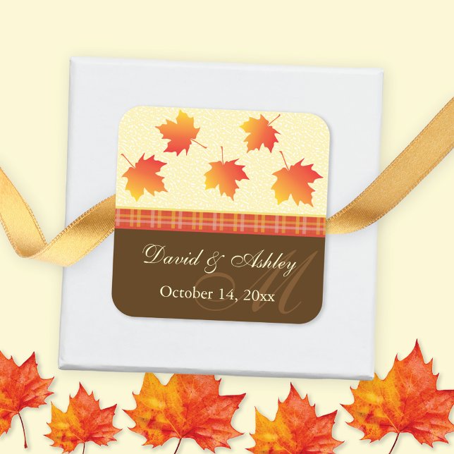 Sticker Carré Feuilles d'automne Mariage Monogramme (Créateur téléchargé)