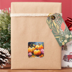 Sticker Carré Feuilles d'automne rustiques Citrouilles colorées