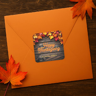 Sticker Carré Feuilles d'automne sur du bois rustique Joyeux Tha