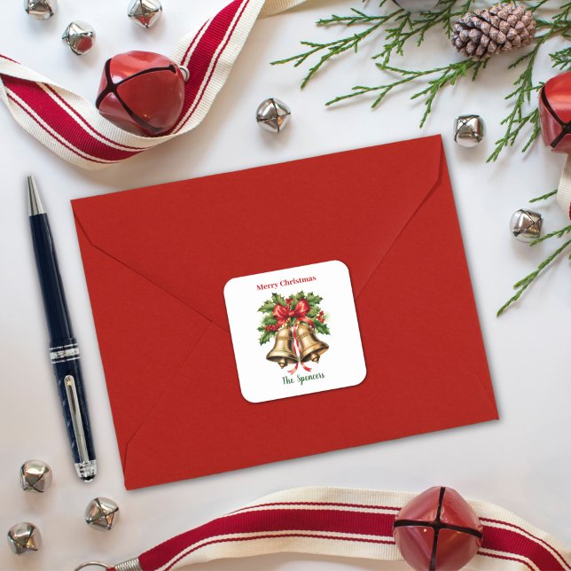 Sticker Carré Feuilles de houx et baies Cloches dorées Joyeux No (Créateur téléchargé)