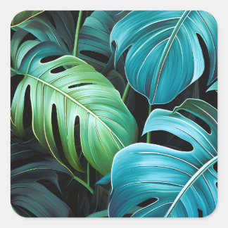 Sticker Carré Feuilles de Monstera Botanique Feuillage Jungle Tr