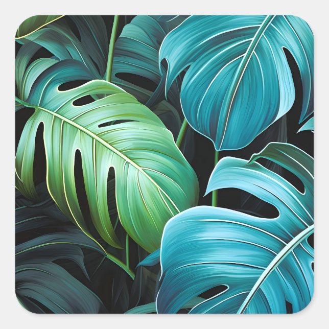 Sticker Carré Feuilles de Monstera Botanique Feuillage Jungle Tr (Devant)