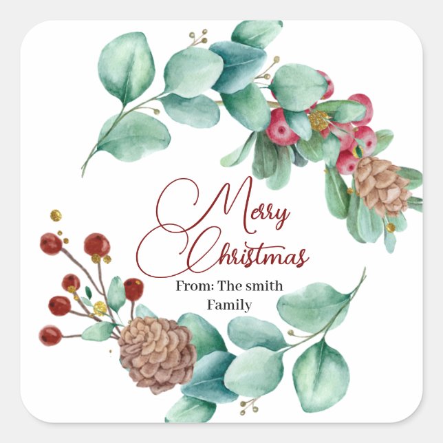 Sticker Carré Feuilles de Noël et couronne de Holi avec pinecone (Devant)