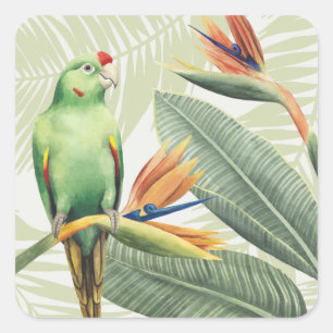 Sticker Carré Feuilles De Palmiers Avec Oiseau Vert