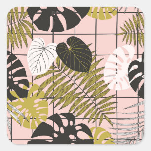 Sticker Carré Feuilles de palmiers tropicaux, été élégant.