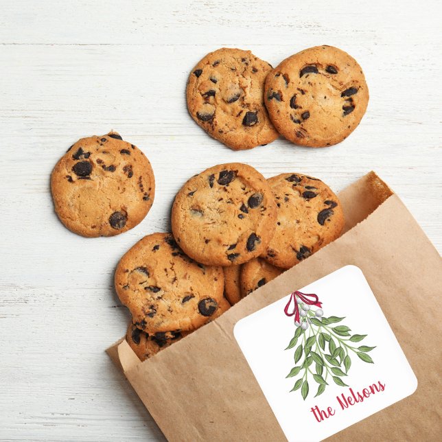 Sticker Carré Feuilles de verdure de Noël Mistletoe Joyeux Noël  (Christmas holiday merry mistletoe simple square sticker.)